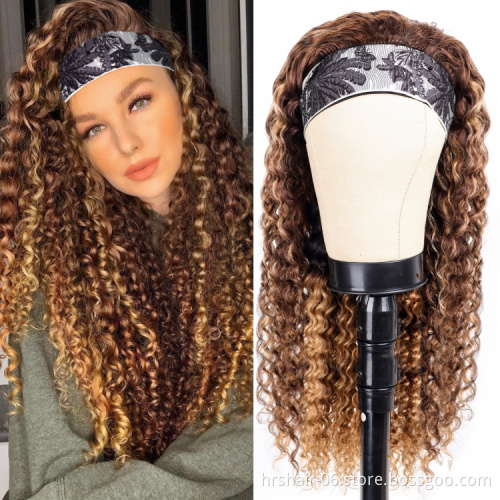 Drop Shipping 100% Virgin Brazilian Human Hair Headband Wigs Cheap Wholesale Deep Wave Highlight Ombre P4/27 Color No Lace Wigs